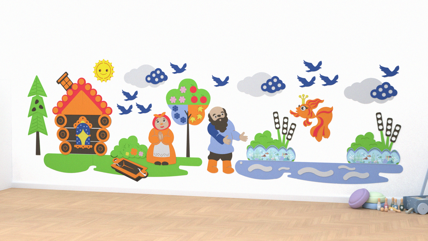 Развивающая настенная панель мобильная "Серия сказки: Сказка о рыбаке и рыбке", комплект